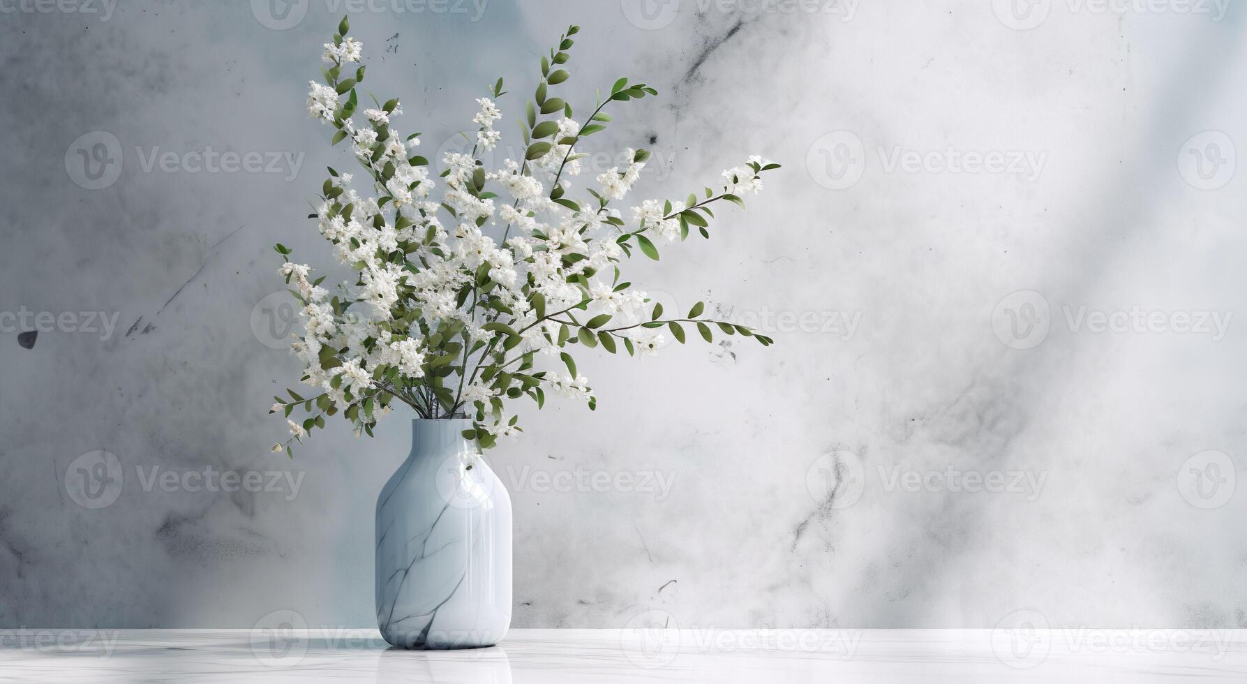 White ceramic vase with blooming flowers branches in sunlight from window on pastel gray wall, shadow on white floor for decoration, luxury cosmetic, skincare, beauty product, photo
