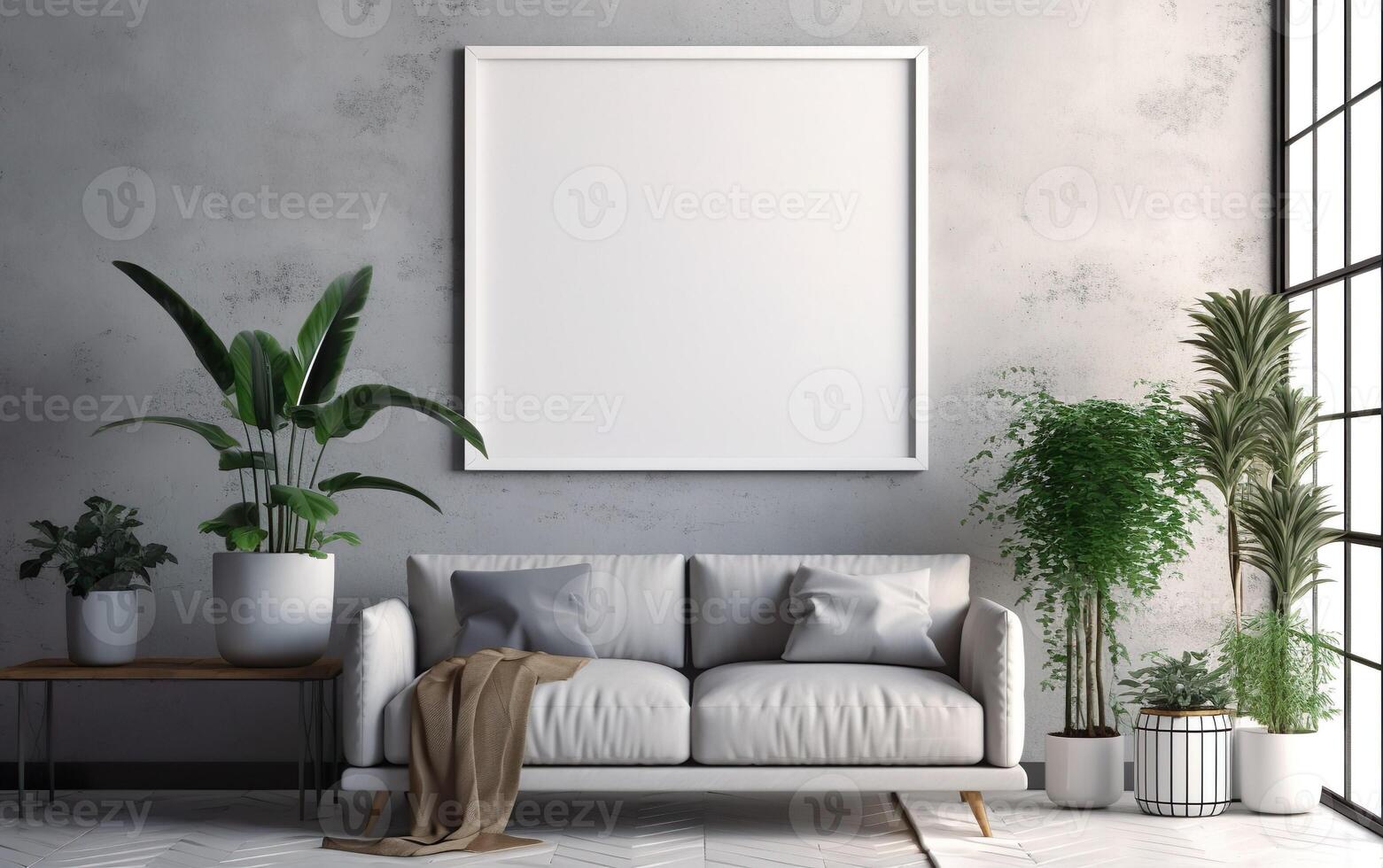Living room with square mockup frame on the gray wall, decorated with elegant sofa and rug. Green plants on the floor, Gray minimalist design scene in a scandinavian style, photo