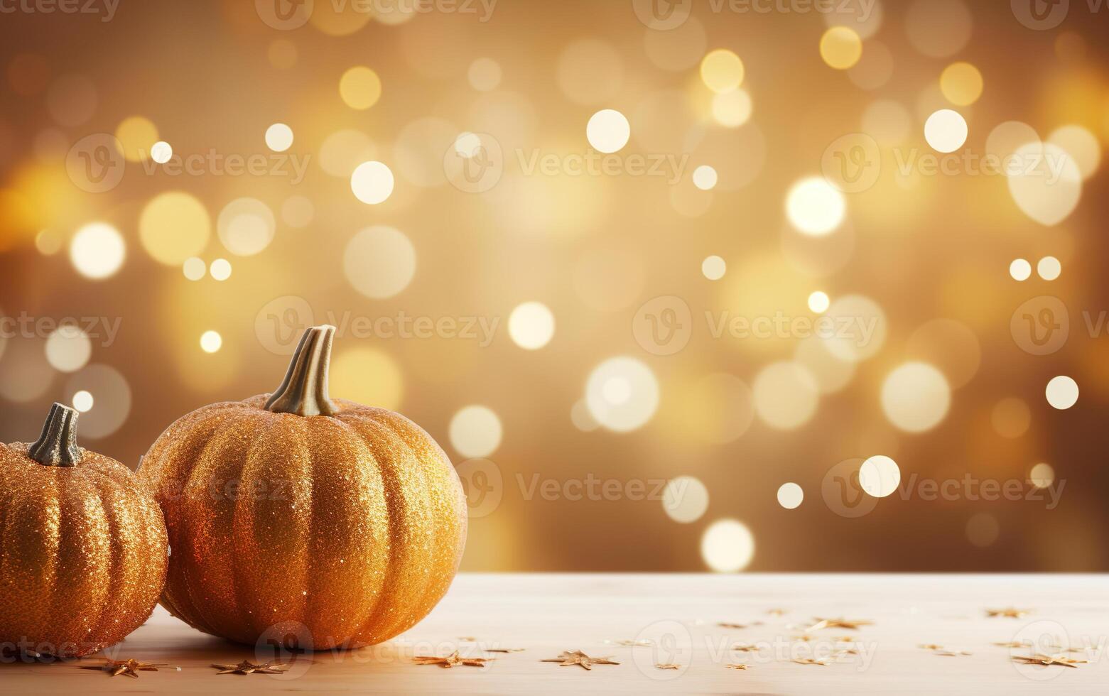 Autumn decorative pumpkins background with copy space, blurred bokeh lights. Wooden table. Halloween concept. Happy Thanksgiving. AI Generative photo