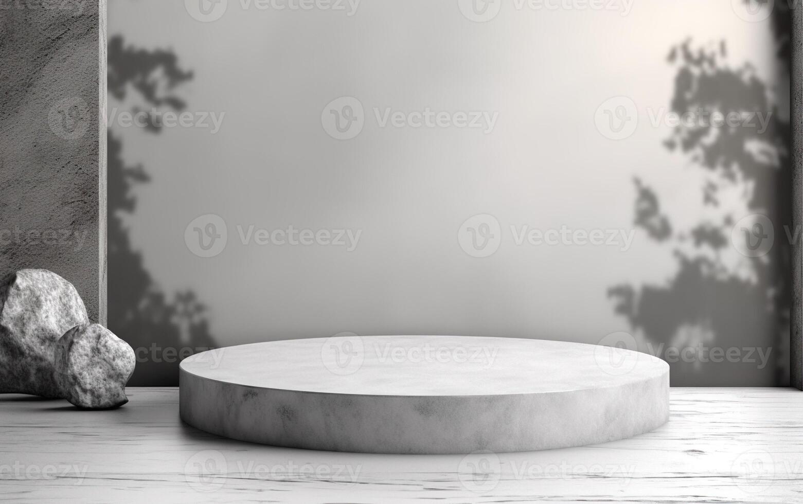Empty mockup scene of concrete texture cube podium for template, gray wall with stones and and foliages leaves shadow, beauty product display, photo