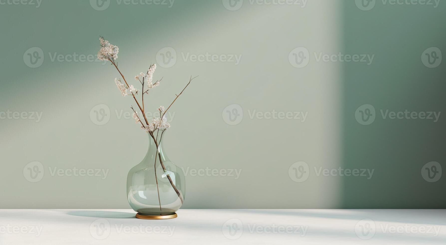 Modern glass vase with branch in sunlight from window on gray and gray wall, shadow on white floor for decoration, luxury cosmetic, skincare, beauty product background display, photo