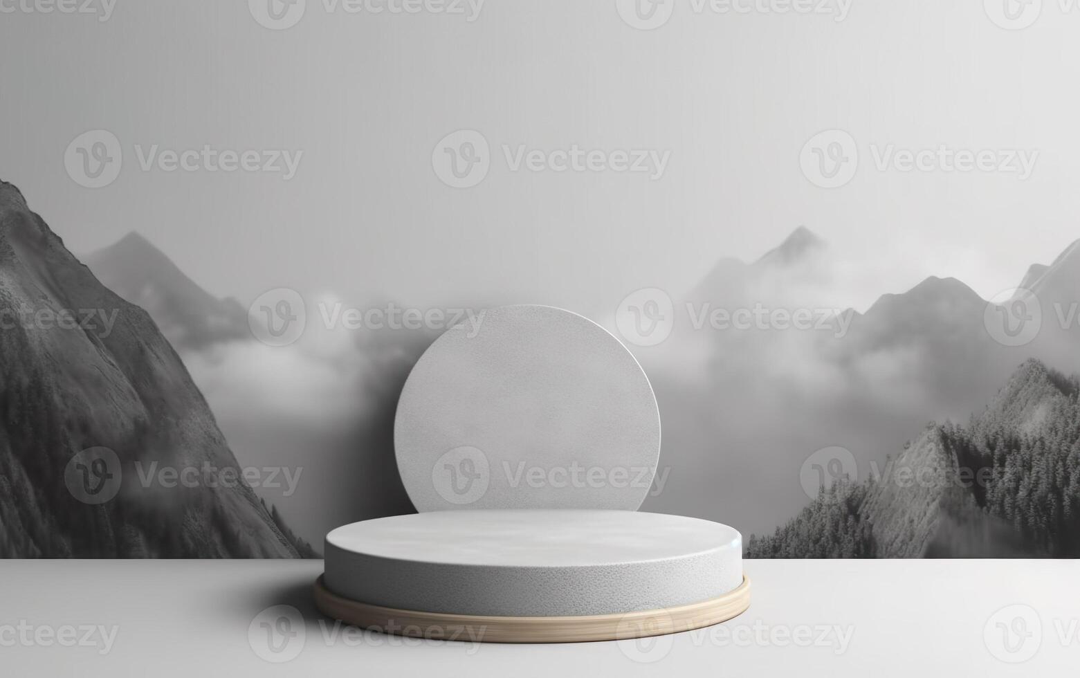 3d background product display podium scene with white cylinder stand concept. Empty space for beauty skincare technology products display, Gray Mountains background, photo