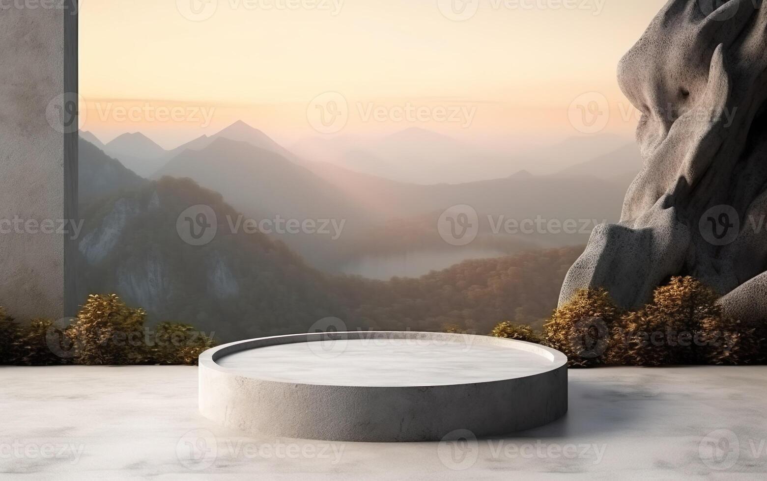 3d background product display podium scene with concrete cylinder stand concept. Green foggy forest with mountains background, beauty skincare technology products display, photo