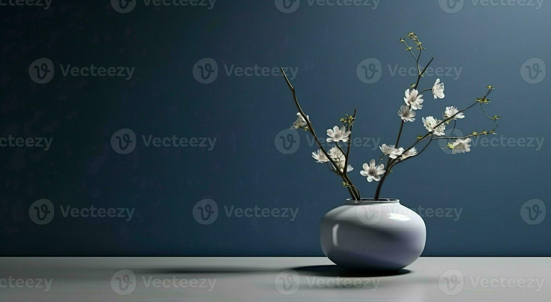 White ceramic vase with blooming flowers branches in sunlight from window on dark blue wall, shadow, for decoration, luxury cosmetic, skincare, beauty product background display, AI Generative photo