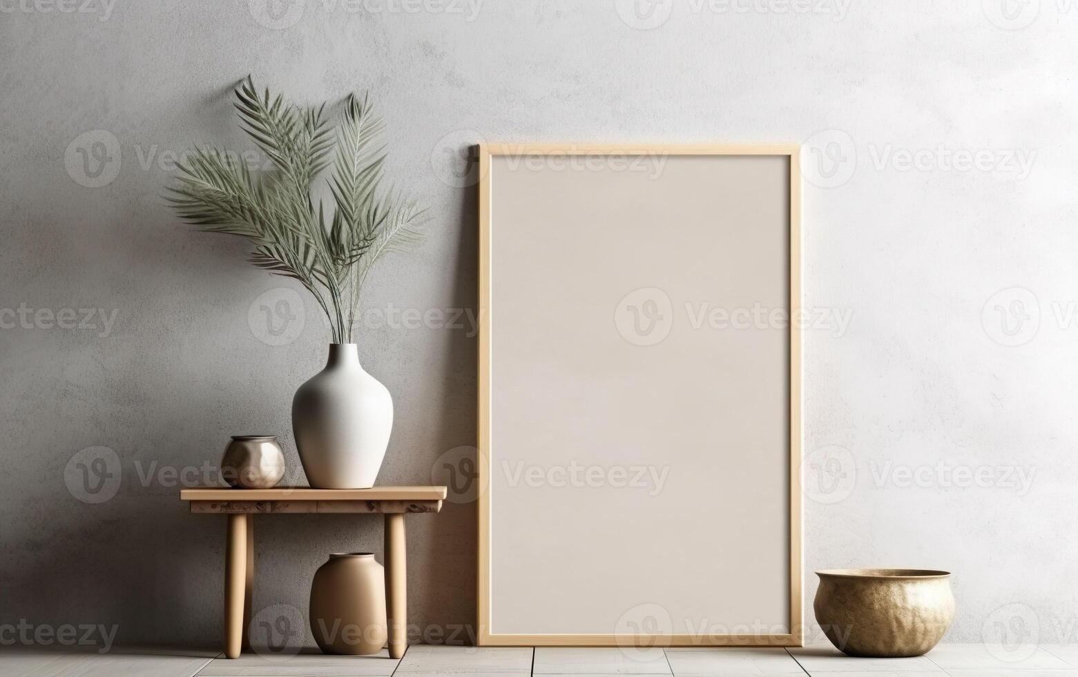 Wooden frame mockup on grey wall with green brances in vase, blank vertical frame with copy space. Contemporary interior mockup. photo