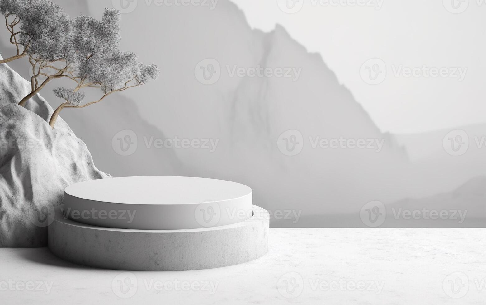 3d background product display podium scene with white cylinder stand concept. Empty space for beauty skincare technology products display, Forest mountains background, photo