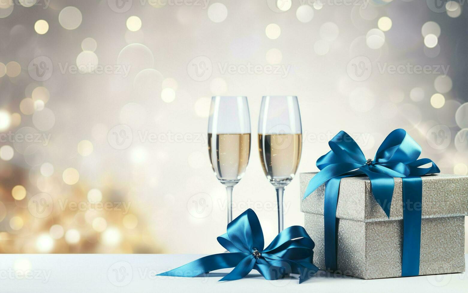 silver gift boxes with blue ribbon bow tag and Champagne glasses over blurred bokeh background with lights. Christmas decor. Copy space. AI Generated photo