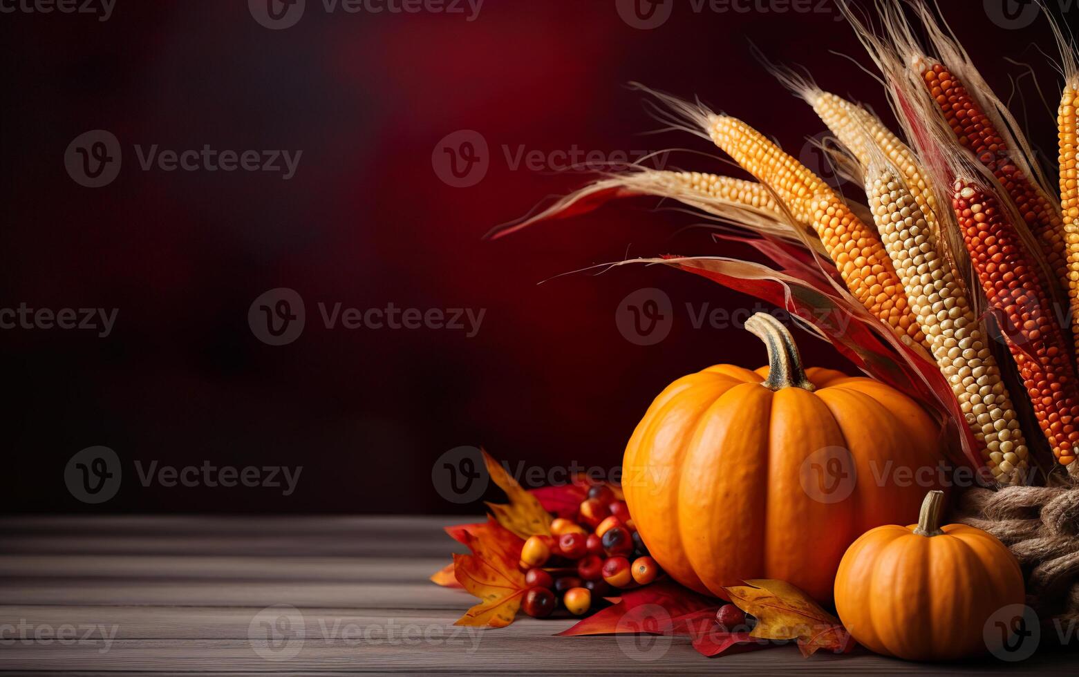 Thanksgiving background with pumpkins, corn cobs, maple leaves and fall berries on dark bokeh lights background. Autumn composition with copy space. Wooden table. Halloween concept. AI Generative photo