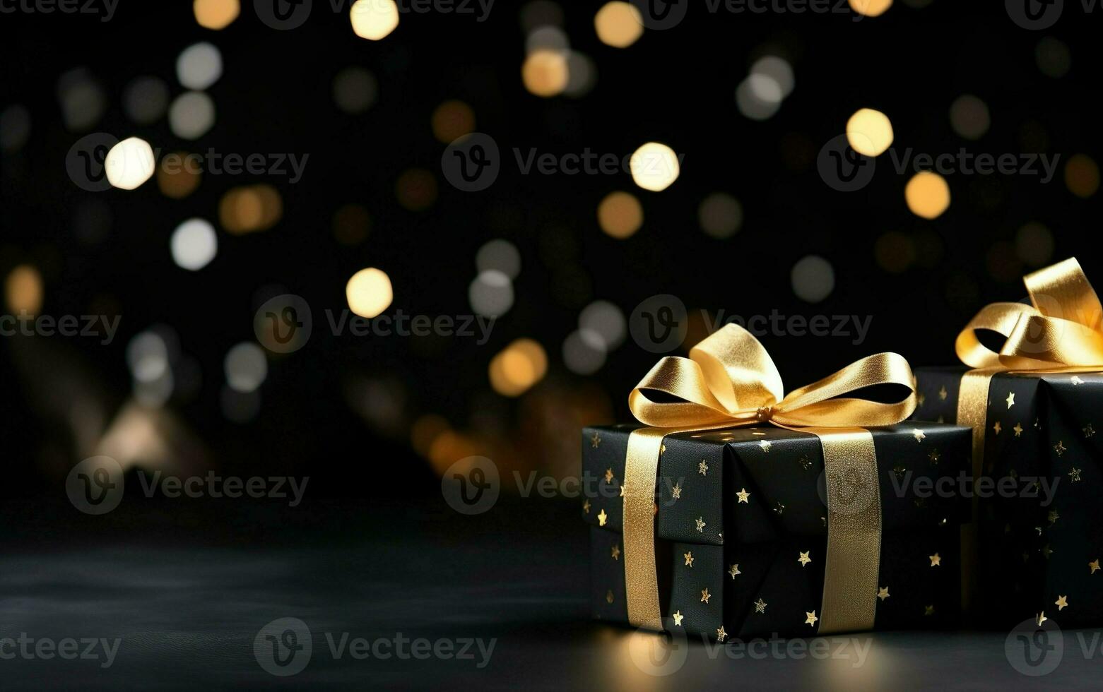 Black gift boxes with golden ribbon bow tag on blurred black background with orange bokeh lights. Copy space. New year. Birthday. Black friday discounts concept. AI Generated photo