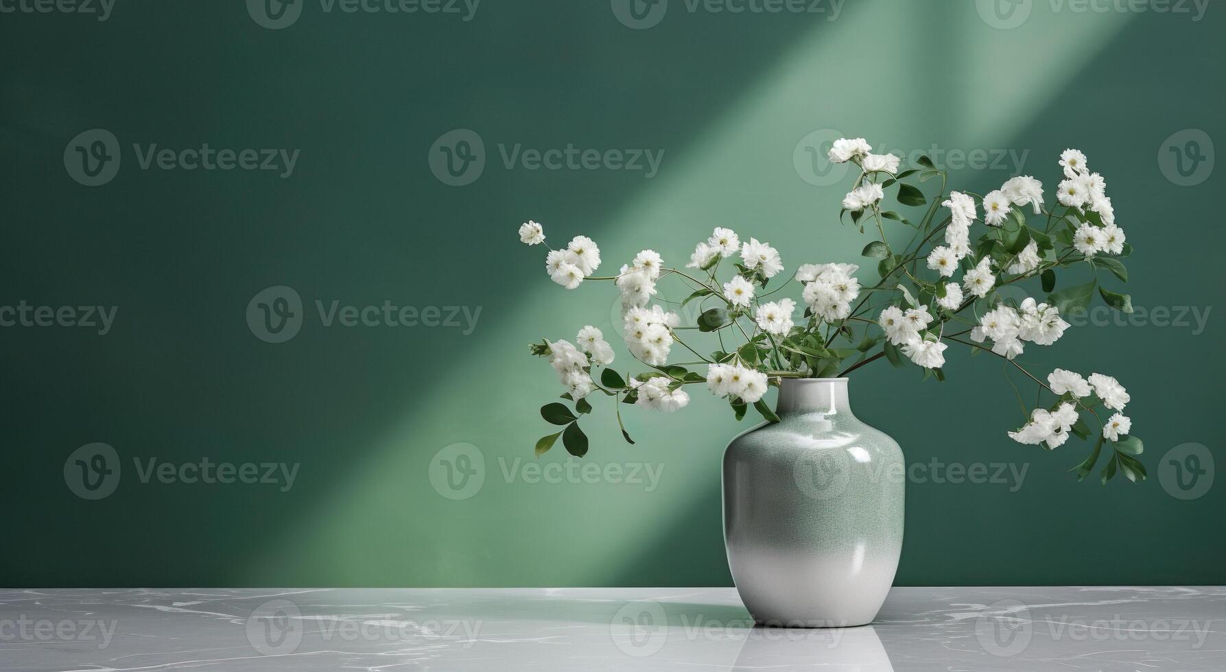 White vase with blooming flowers branches in sunlight from window on pastel emerald gray wall, shadow on white floor for decoration, luxury cosmetics, skincare, beauty product display, photo