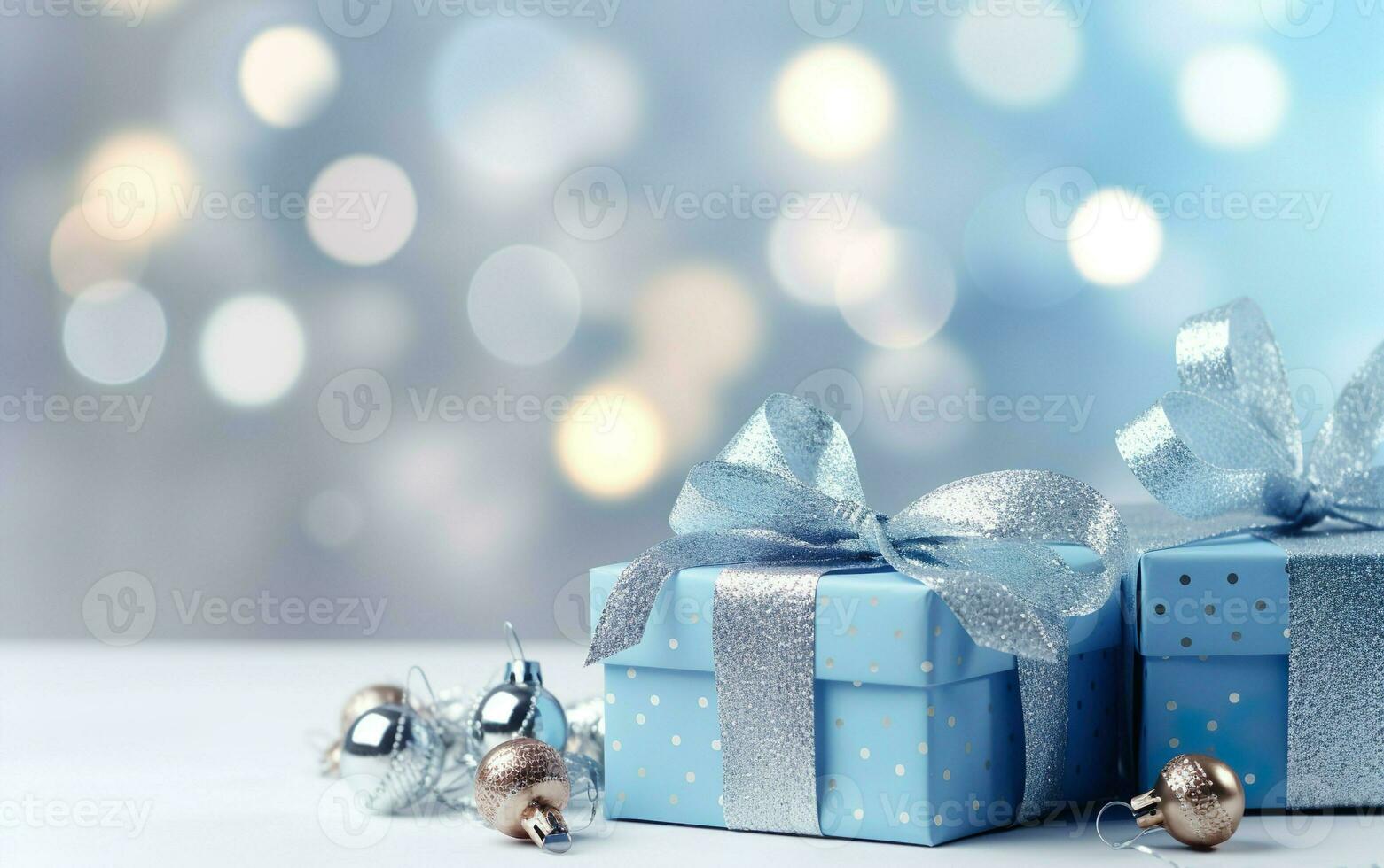 azul regalo cajas con plata cinta arco etiqueta terminado borroso bokeh antecedentes con luces. Navidad pelotas decoración. saludo festivo imagen. Copiar espacio. ai generado foto