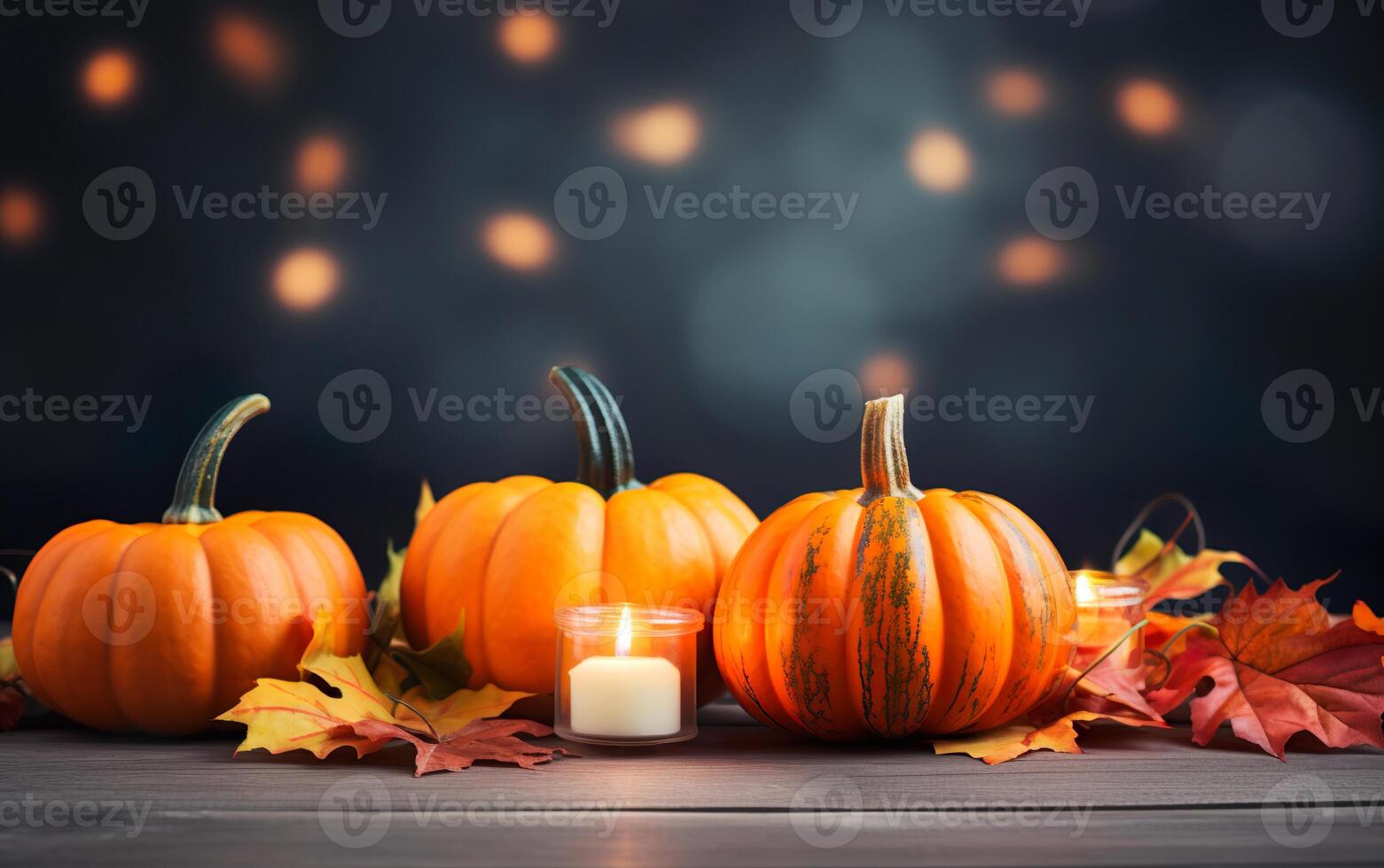 Autumn pumpkin with candles, maple leaves on dark bokeh lights blue background with copy space. Wooden table. Halloween concept. Happy Thanksgiving. photo