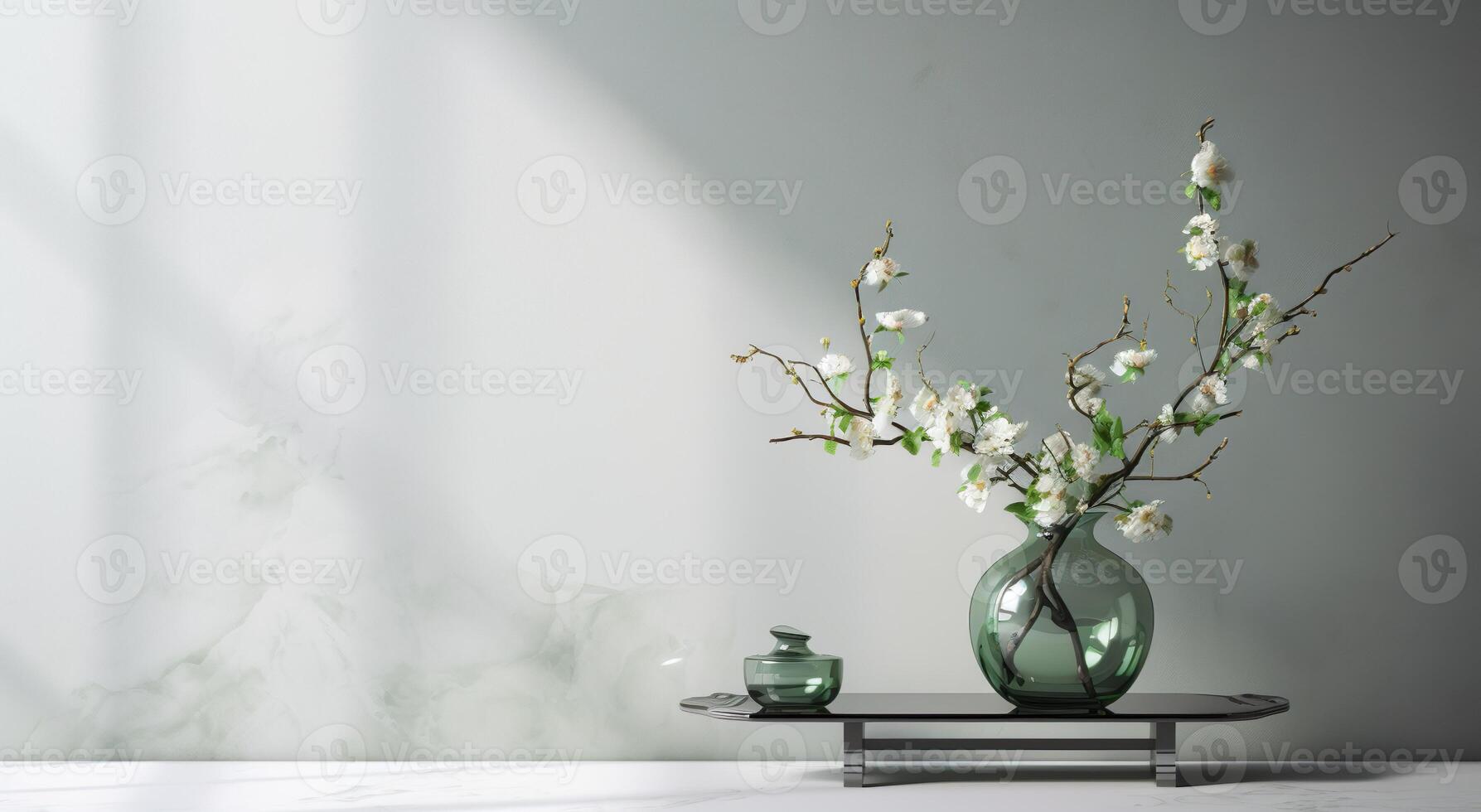 Modern glass vase with cherry flowers in sunlight from window on gray wall, shadow on white marble floor for decoration, luxury cosmetic, skincare, beauty product background display, photo