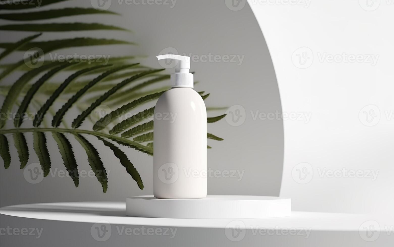 3d Bosquejo de un botella de de blanco blanc dispensador en un blanco podio, producto monitor escena con tropical hoja, ligero gris y blanco fondo, ai generativo foto