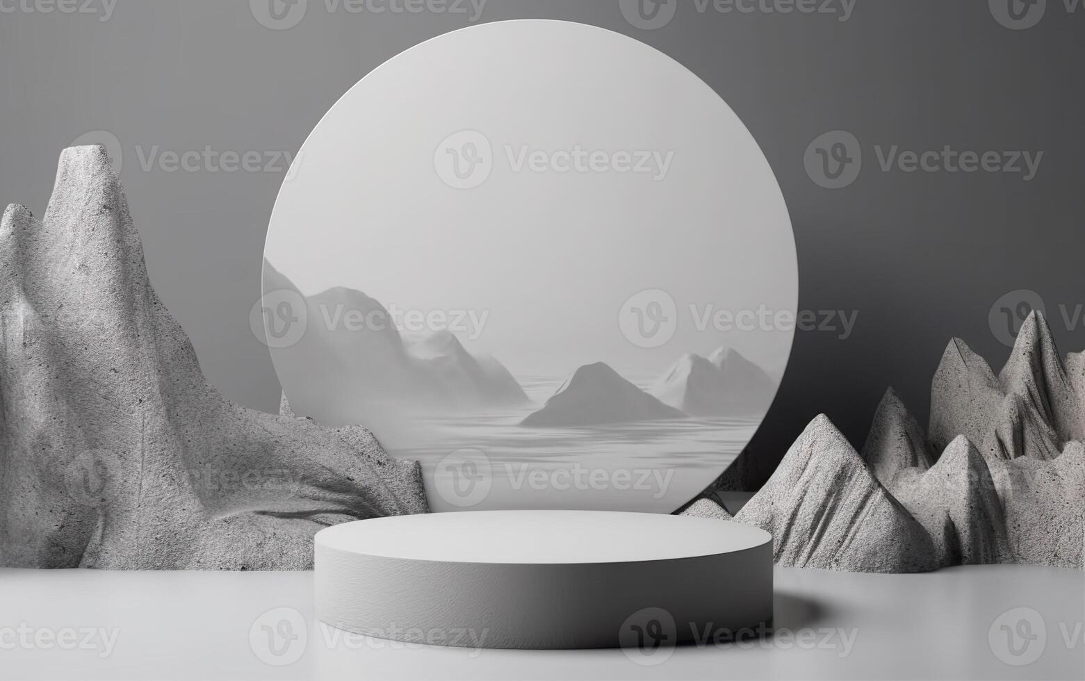 3d background product display podium scene with white cylinder stand concept. Empty space for beauty skincare technology products display, Gray Mountains background, photo