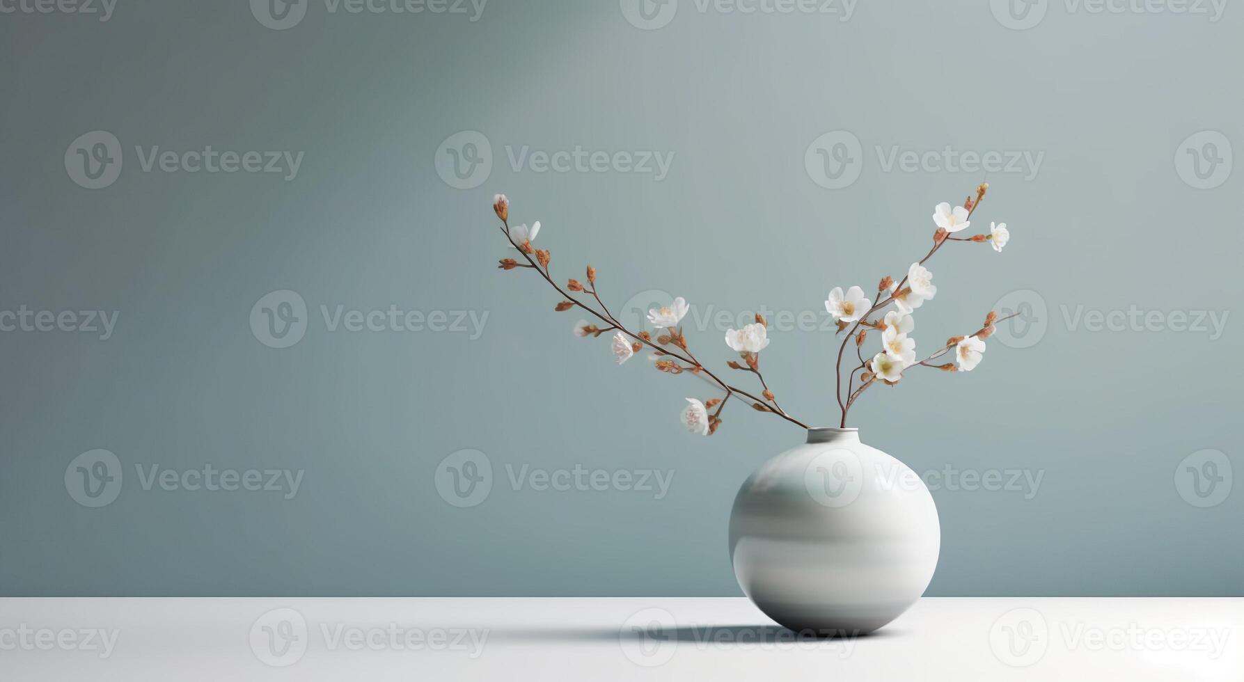 White ceramic vase with blooming flowers branches in sunlight from window on pastel blue wall, shadow on white floor for decoration, luxury cosmetic, skincare, beauty product background, photo