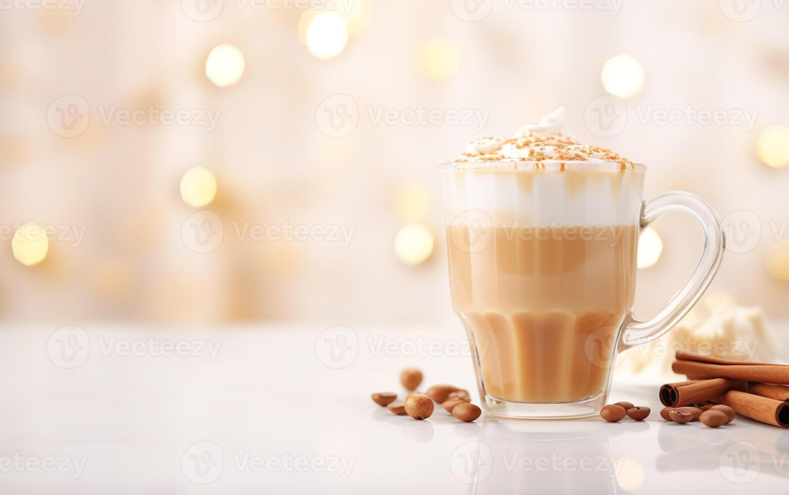 cup of latte with cinnamon, coffee beans and whipped cream, blurred, sparkling and fabulous background, light orange and light gold, festive atmosphere, white table. photo