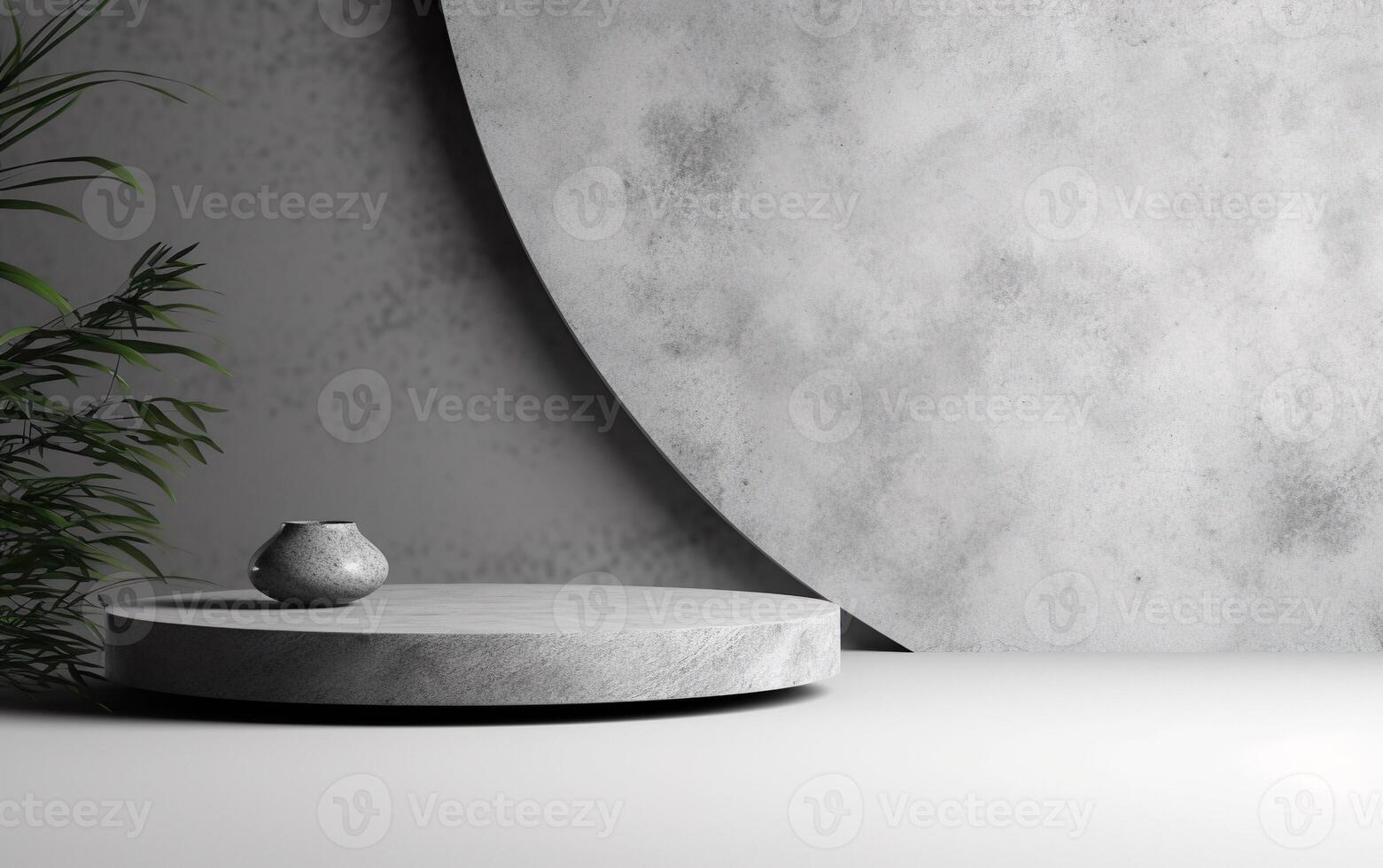empty mockup scene of cylinder stand concept, podium for product display, gray concrete wall, white floor with green plant background, 3d rendering, photo