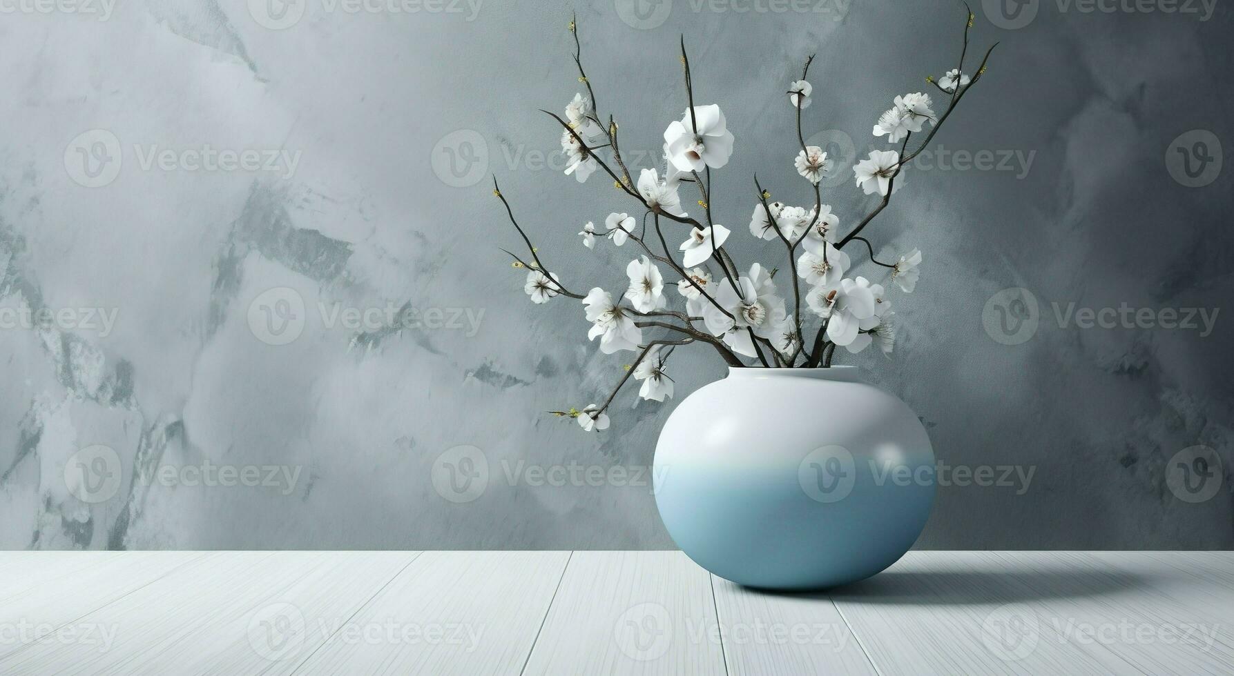 White ceramic vase with blooming flowers branches in sunlight from window on pastel gray wall, shadow on floor for decoration, luxury cosmetic, skincare, beauty product background, AI Generative photo
