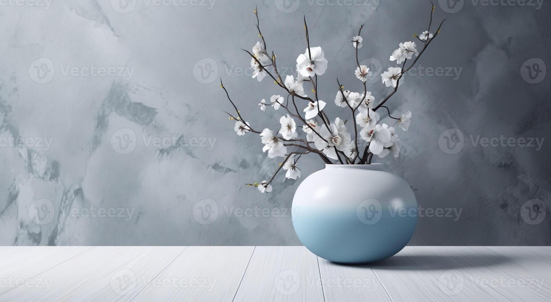 White ceramic vase with blooming flowers branches in sunlight from window on pastel gray wall, shadow on floor for decoration, luxury cosmetic, skincare, beauty product background, photo