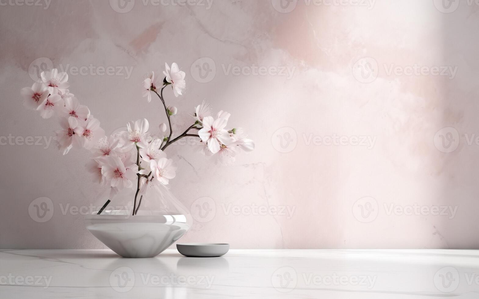 Modern glass vase with cherry flowers in sunlight from window on pink wall, shadow on white marble floor for decoration, luxury cosmetic, skincare, beauty product background display, photo
