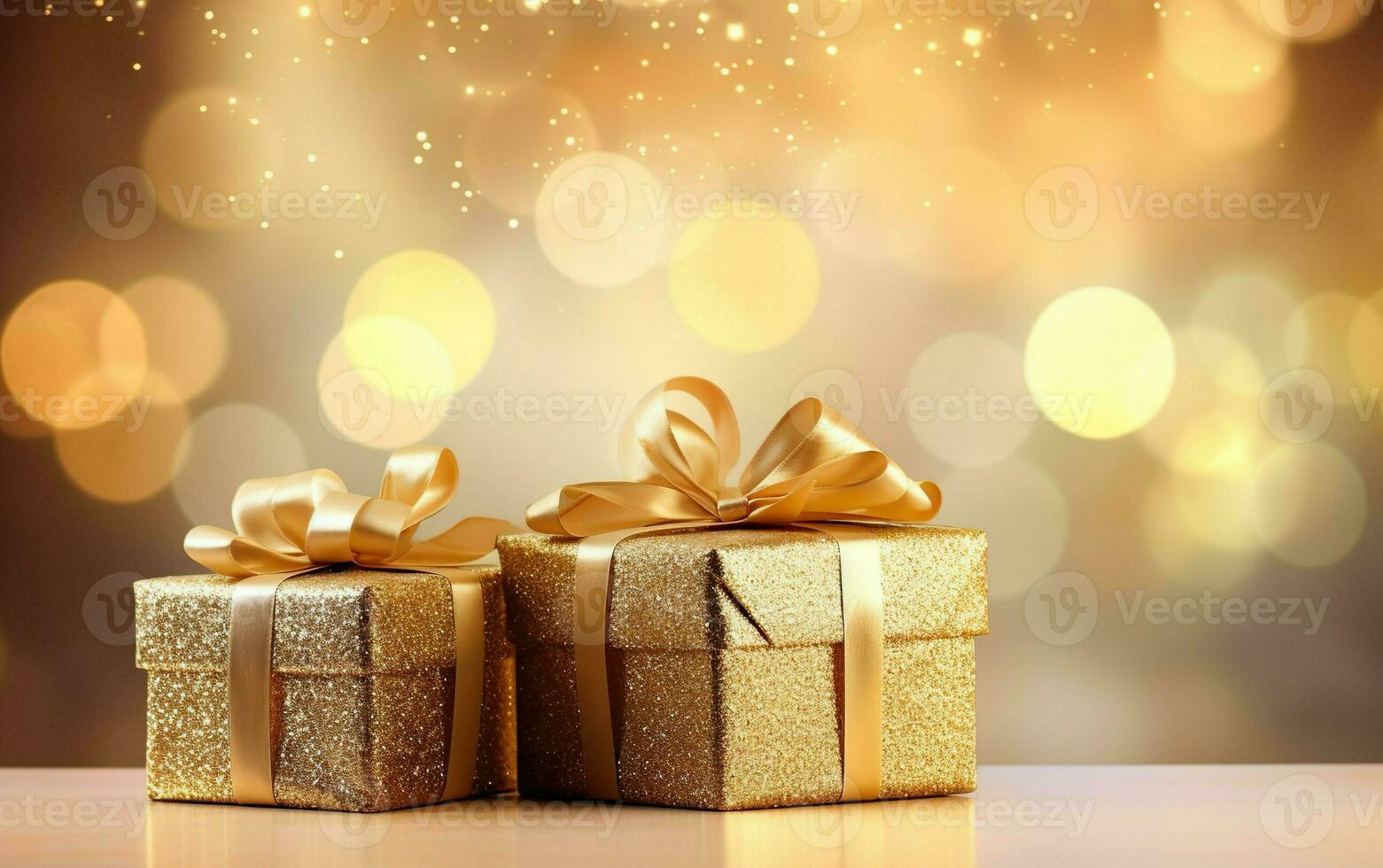 Christmas and new year background - gift boxes with golden ribbon bow tag ver blurred bokeh  lights. Blinking Holiday Background. Copy space. AI Generative photo