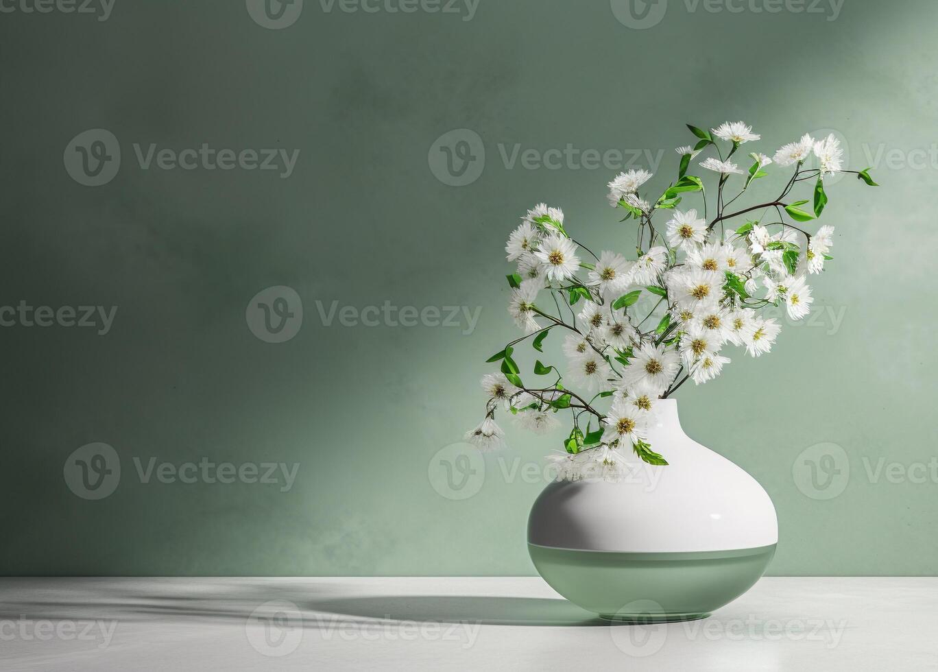 White vase with blooming flowers branches in sunlight from window on pastel emerald gray wall, shadow on white floor for decoration, luxury cosmetics, skincare, beauty product display, photo