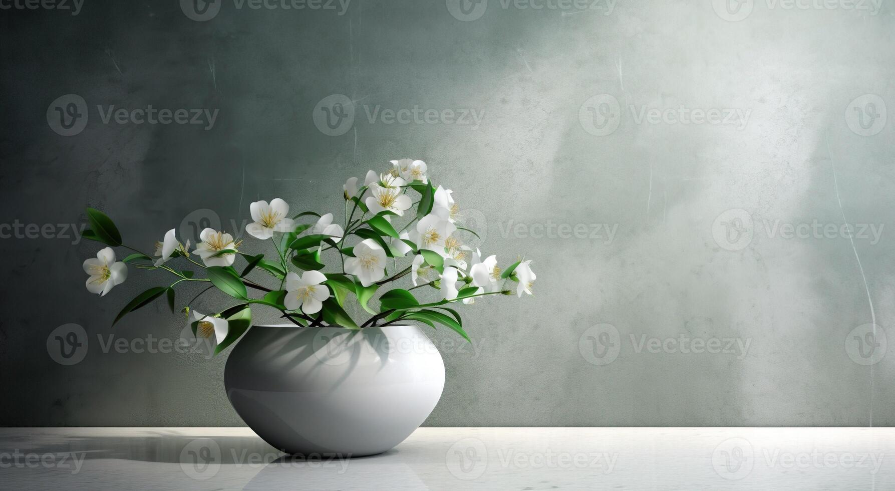 White ceramic vase with blooming flowers branches in sunlight from window on pastel emerald gray wall, shadow on white floor for decoration, luxury cosmetics, skincare, beauty product, AI Generative photo