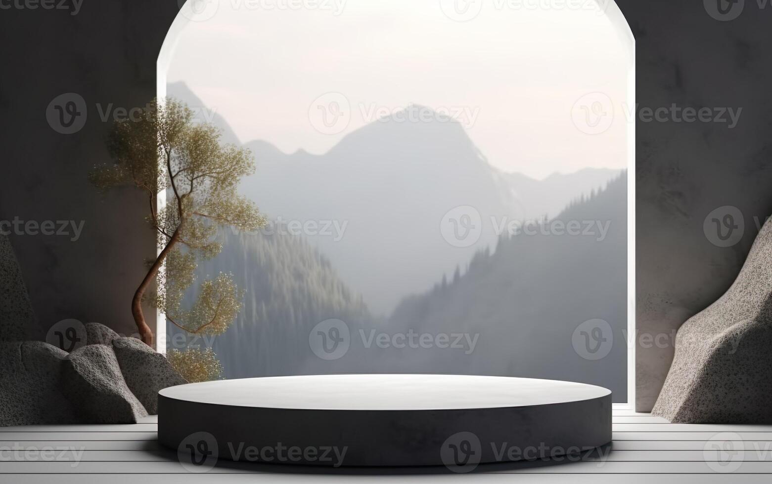 3d background product display with arch and cylinder podium scene. Green foggy woods mountains background, beauty skincare technology products display, photo