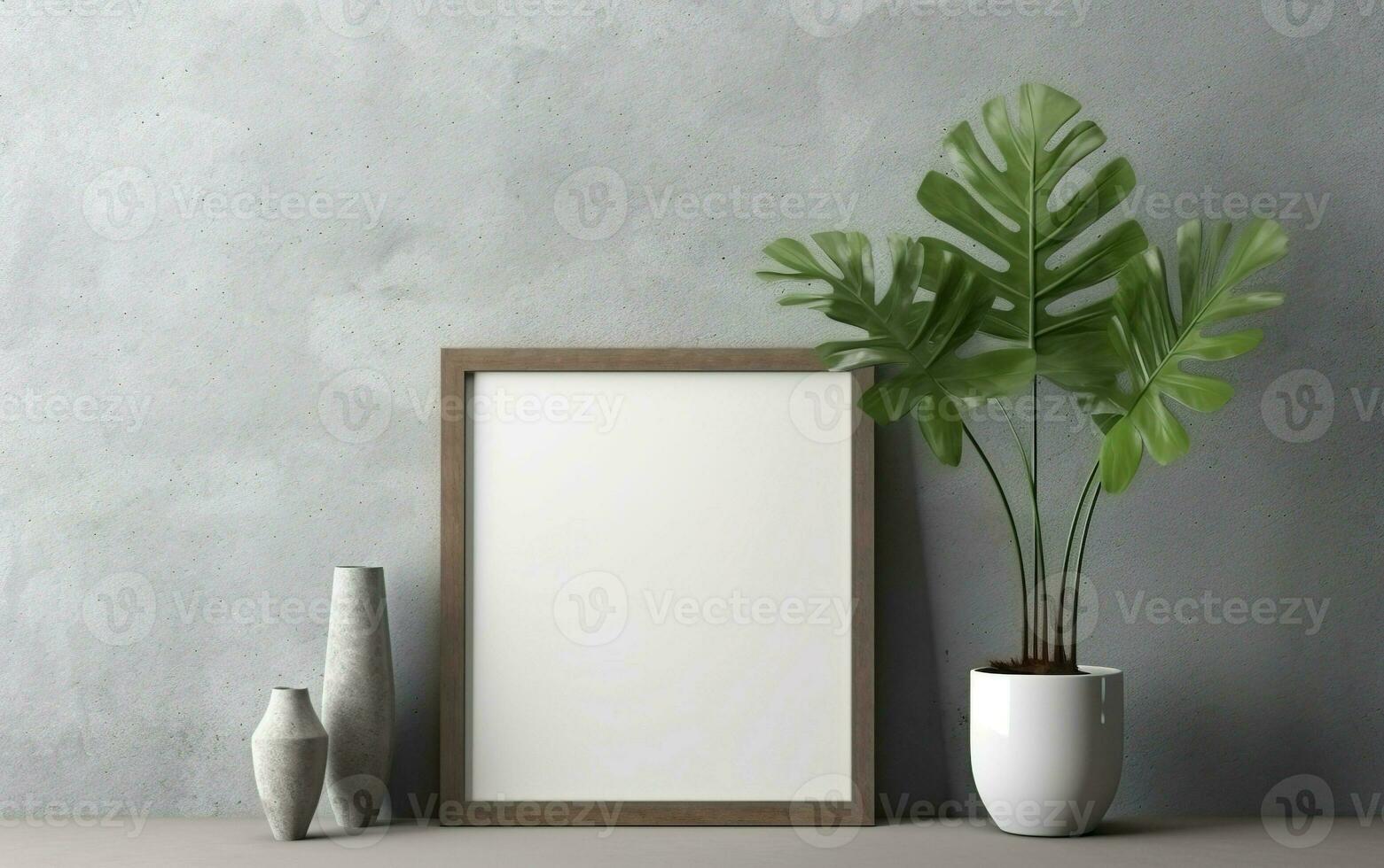 Empty frame with copy space on shelf over grey wall with flowers in vase, blank vertical frame, minimalist design scene, modern interior mockup. AI Generative photo