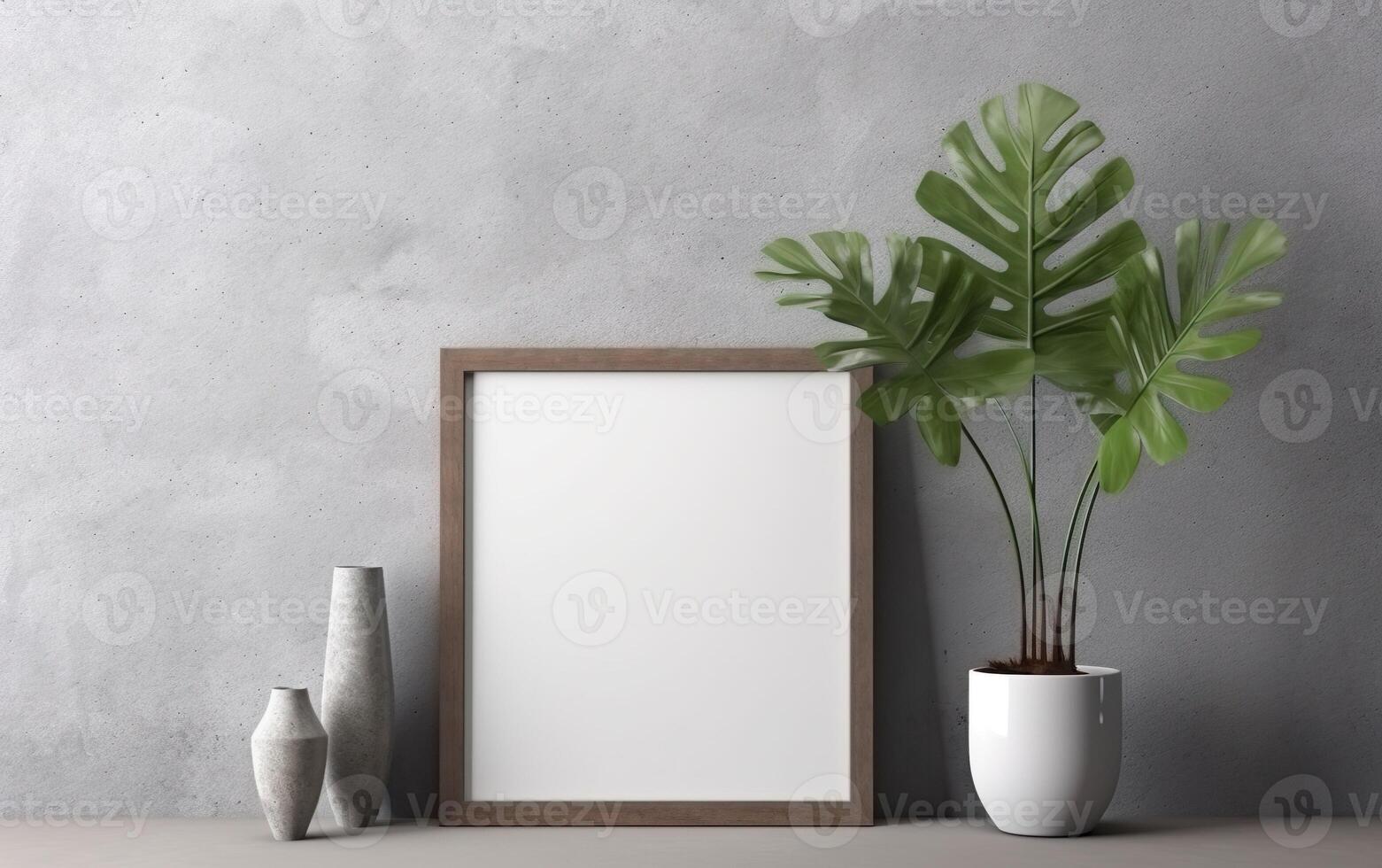 Empty frame with copy space on shelf over grey wall with flowers in vase, blank vertical frame, minimalist design scene, modern interior mockup. photo