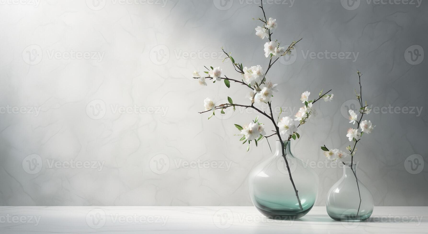 2 glass vases with cherry flowers in sunlight from window on gray wall, shadow on white floor for decoration, luxury cosmetic, skincare, beauty product background display, photo