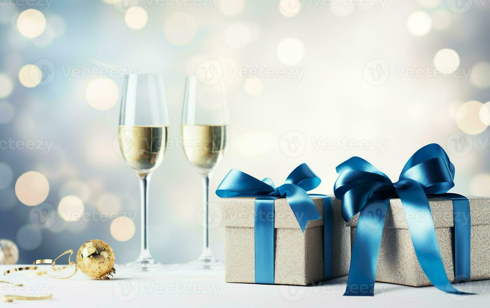 Navidad y nuevo año antecedentes - regalo cajas con azul cinta arco etiqueta y champán lentes en el antecedentes de bokeh guirnaldas Copiar espacio. ai generado foto