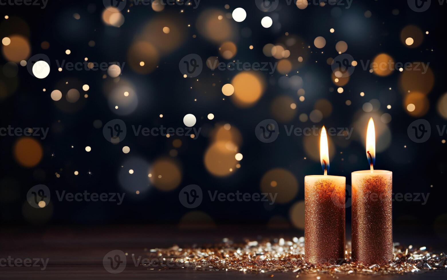 Close up of two golden  burning candles on the wooden table with sparkling glitter. Copy space. Blurred Christmas light background. AI Generative photo