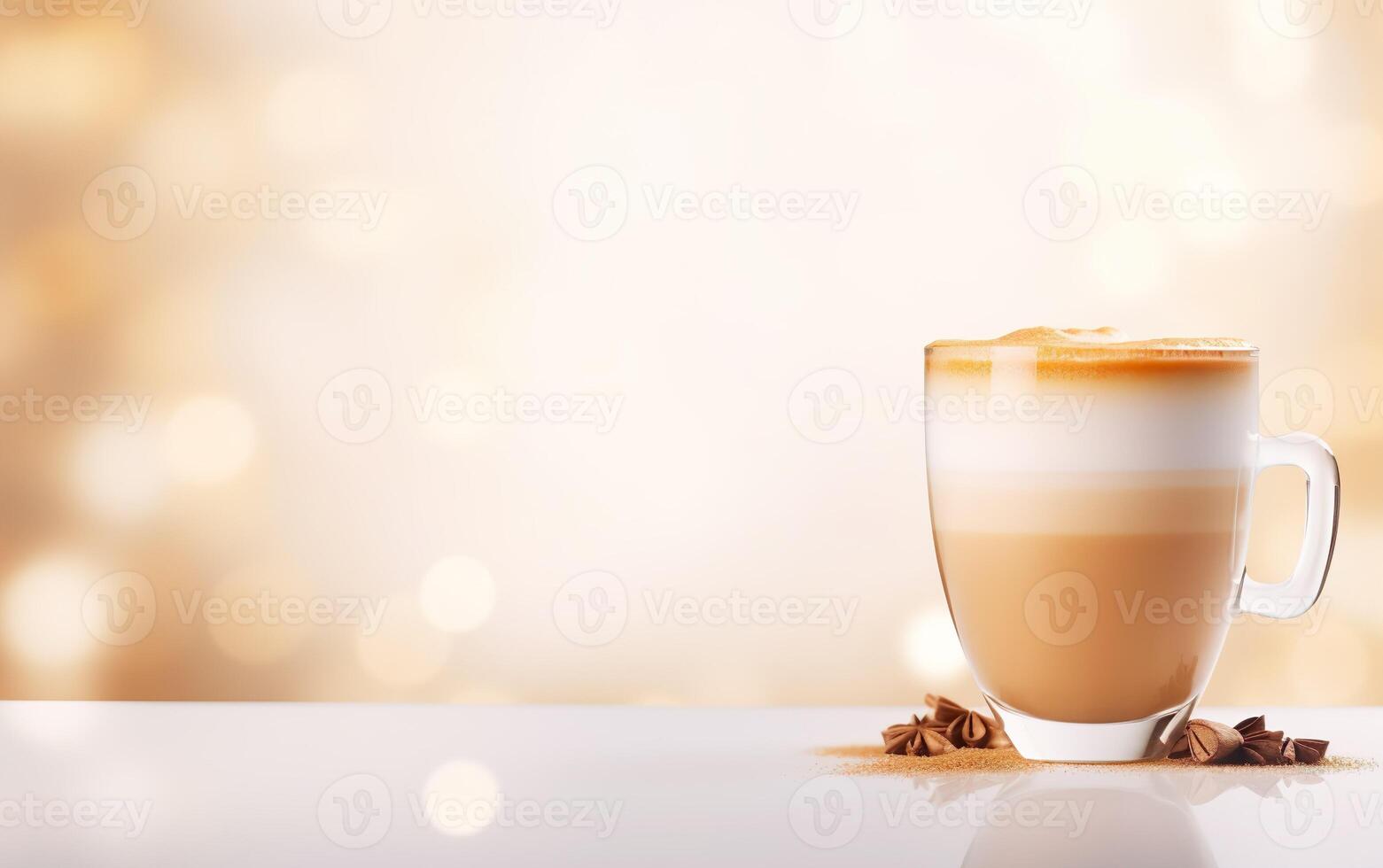 cup of latte with star anise and coffee beans, sparkling and fabulous with background with beautiful bokeh , light orange and gold, festive atmosphere, cinnamon powder on white table. photo