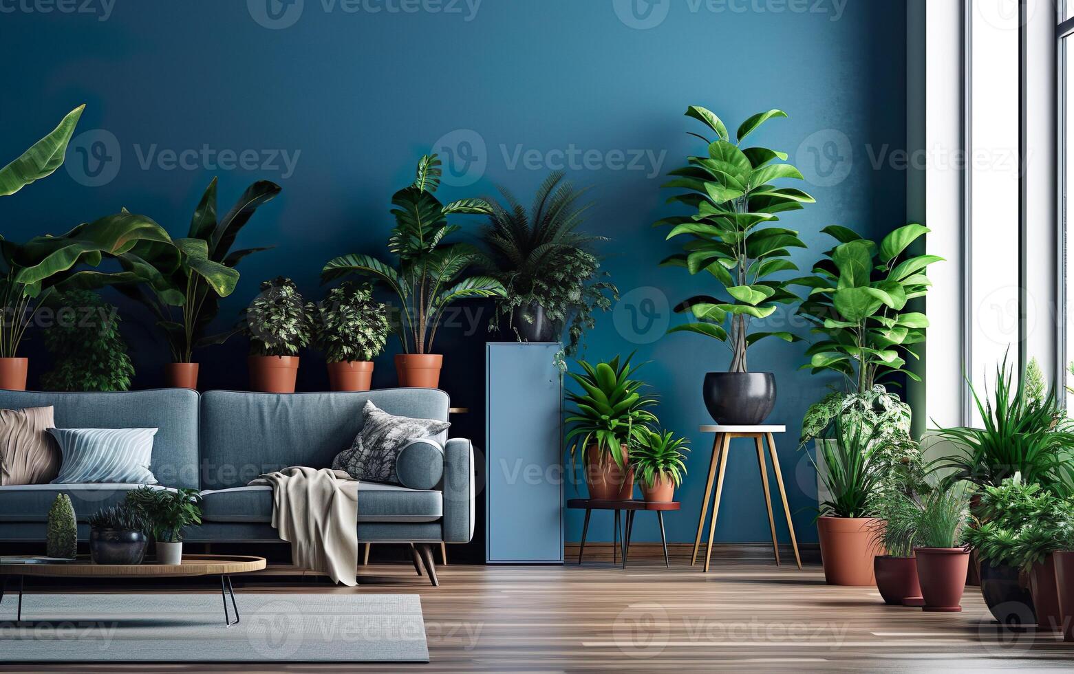 Living room interior with potted plants, blue wall and blue couch. Indoor potted plants decoration. AI Generative photo