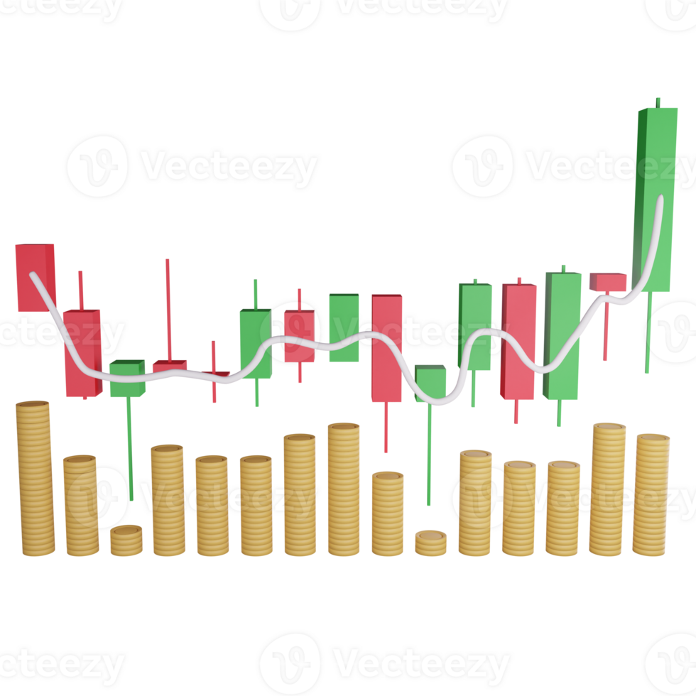 Candlestick trading graph clipart flat design icon isolated on transparent background, 3D render investment and trading concept png