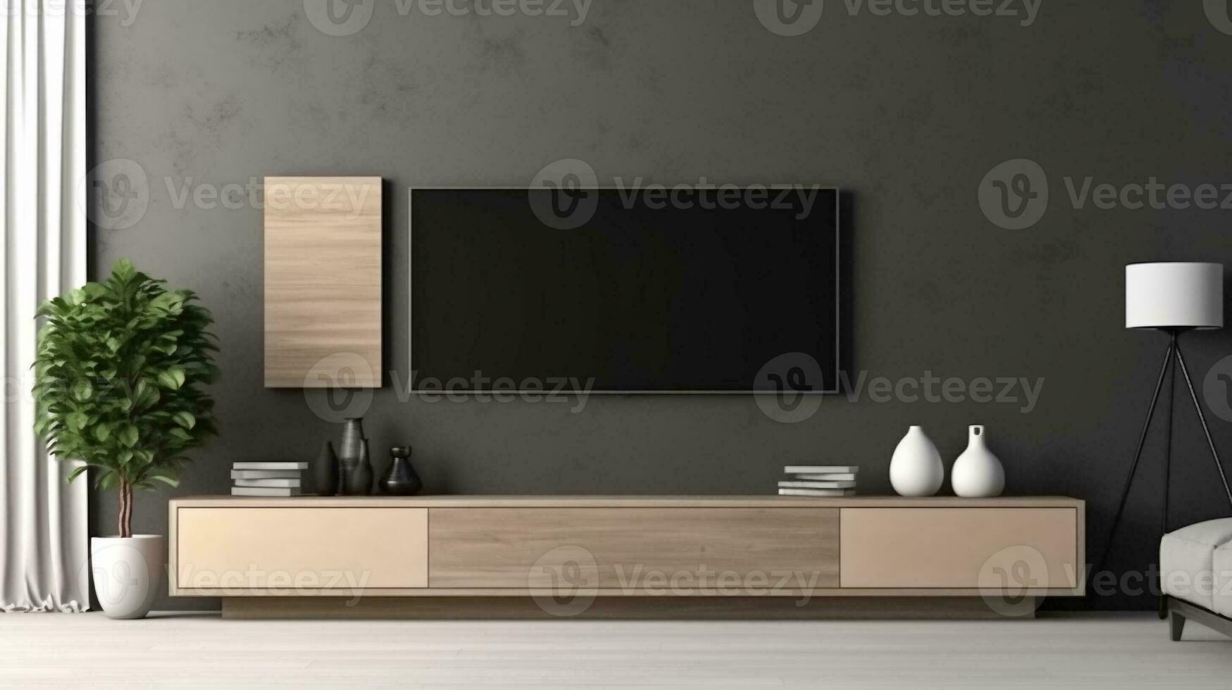 Interior mock up living room. cabinet for TV or place object in modern living room with lamp,table,flower and plant. AI Generative. photo