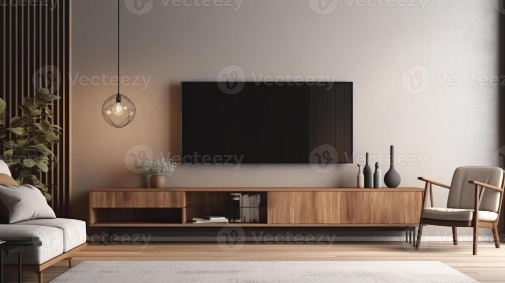 Interior mock up living room. cabinet for TV or place object in modern living room with lamp,table,flower and plant. . photo
