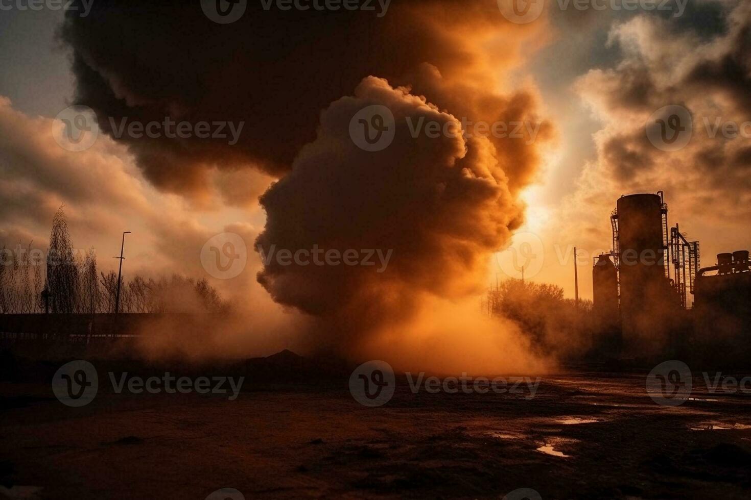 Chimenea y negro fumar encima químico industria a puesta de sol. ai generativo. foto