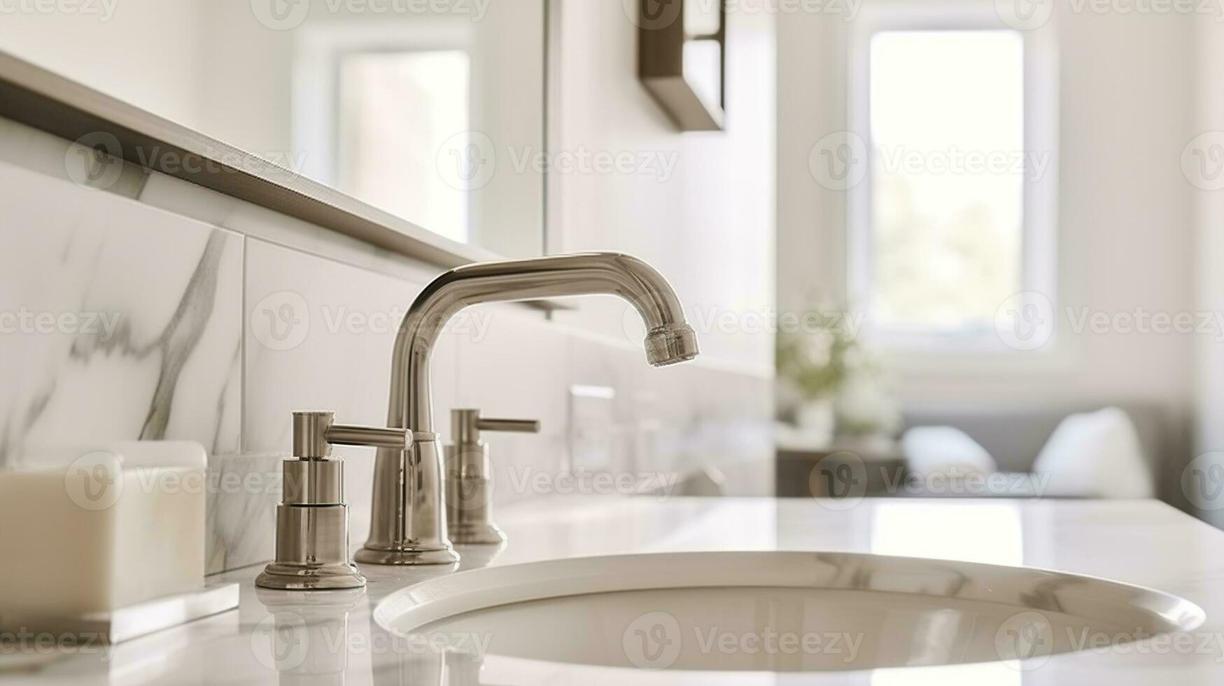 Faucet attached to mirror above marble sink in light bathroom of contemporary bedroom on sunny day, Generative AI photo