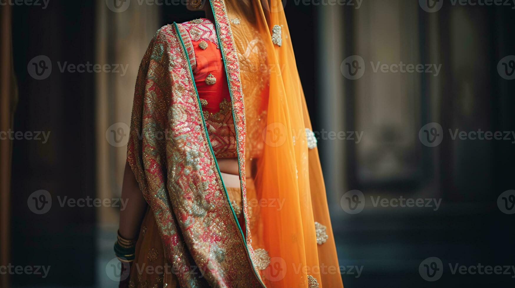 Beautifully decorated Indian bride dress, Soft Focus, generative ai photo