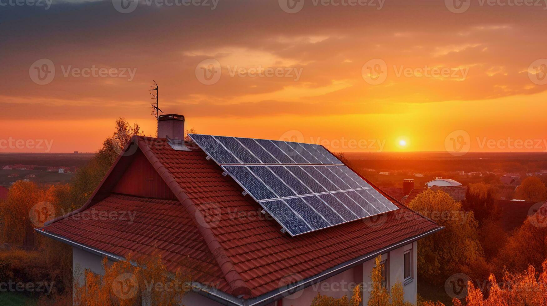 Alternative electricity source. Solar panels, photovoltaics on the red roof of a house and a beautiful sky with the setting sun. Concept of sustainable resources. Generative AI photo