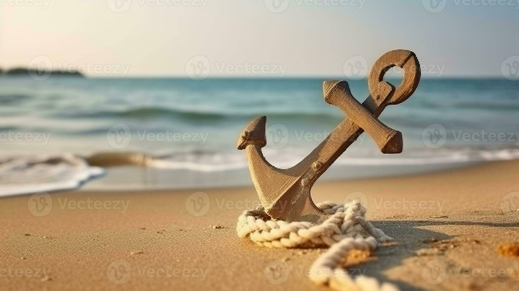 Anchor with rope on sand near sea. Generative AI photo