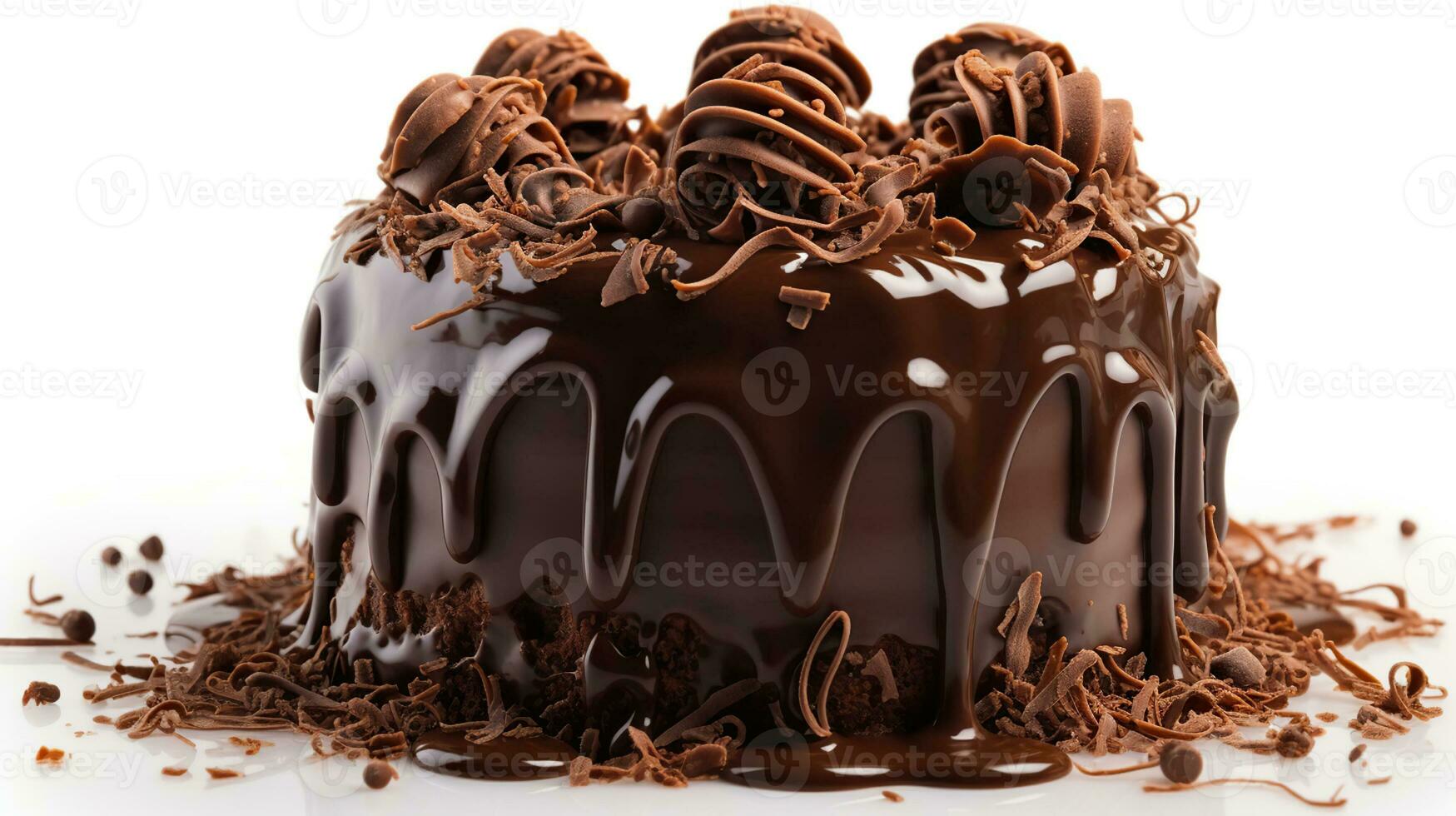 Chocolate Cake with Chocolate Fudge Drizzled Icing and Chocolate Curls Isolated on White Backdrop. Generative AI photo