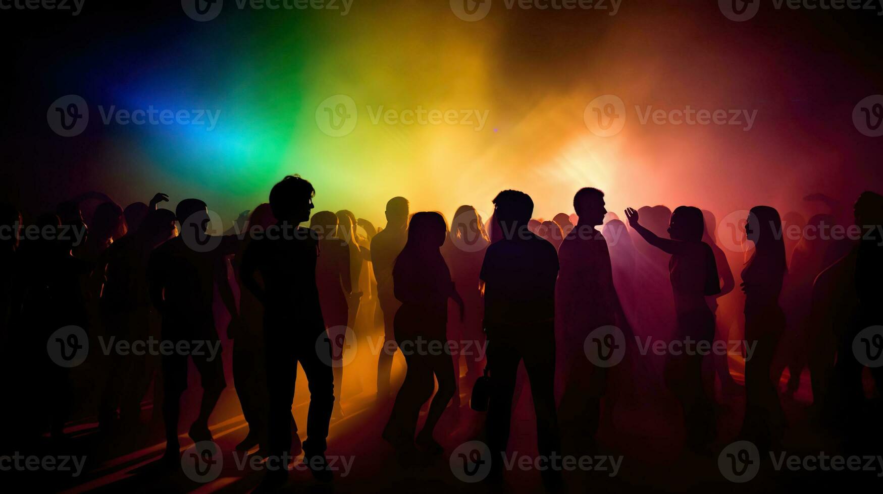 Party crowd silhouette on a disco lights background. AI Generative photo