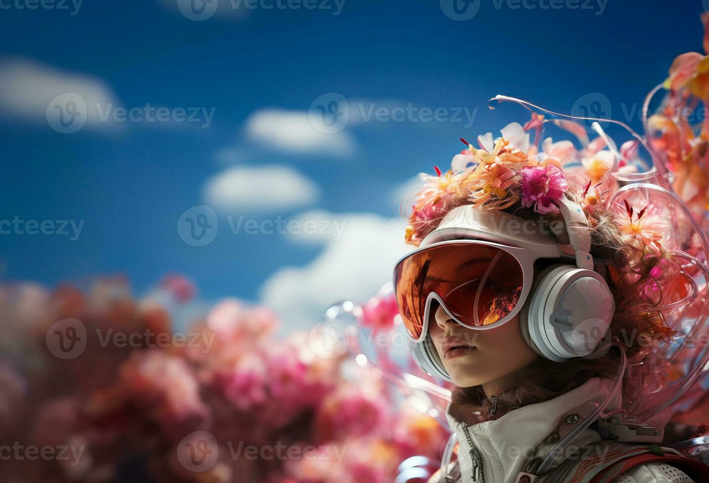 Young woman using virtual reality headset. VR glasses, futuristic, technology, online education, education, video game concept. Generative AI. photo