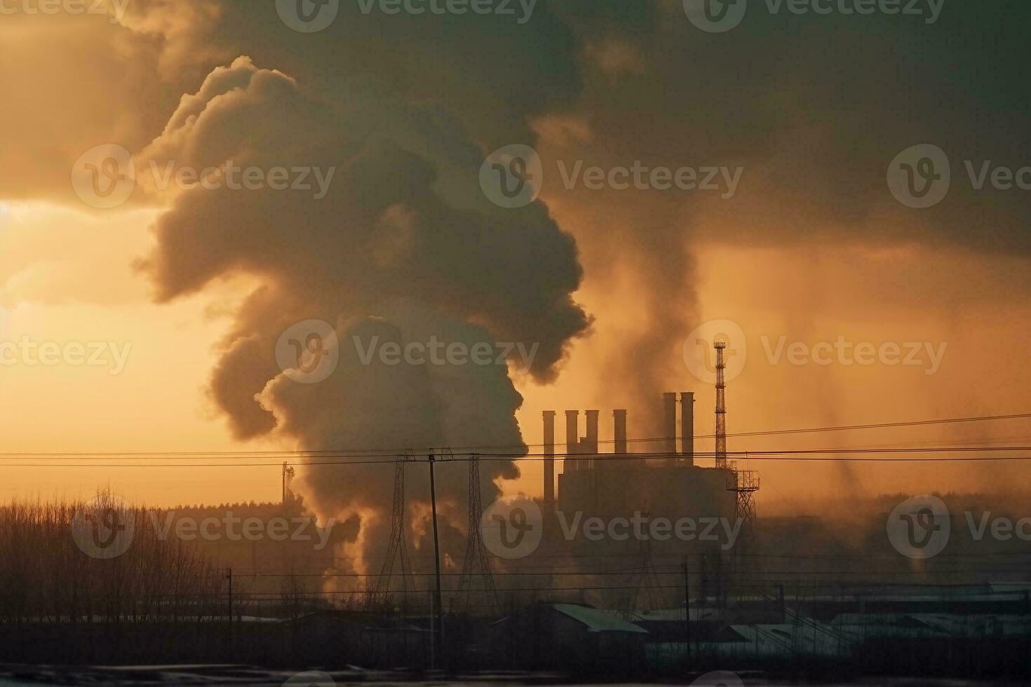 Chimney and black smoke above chemical industry at sunset. AI Generative. photo