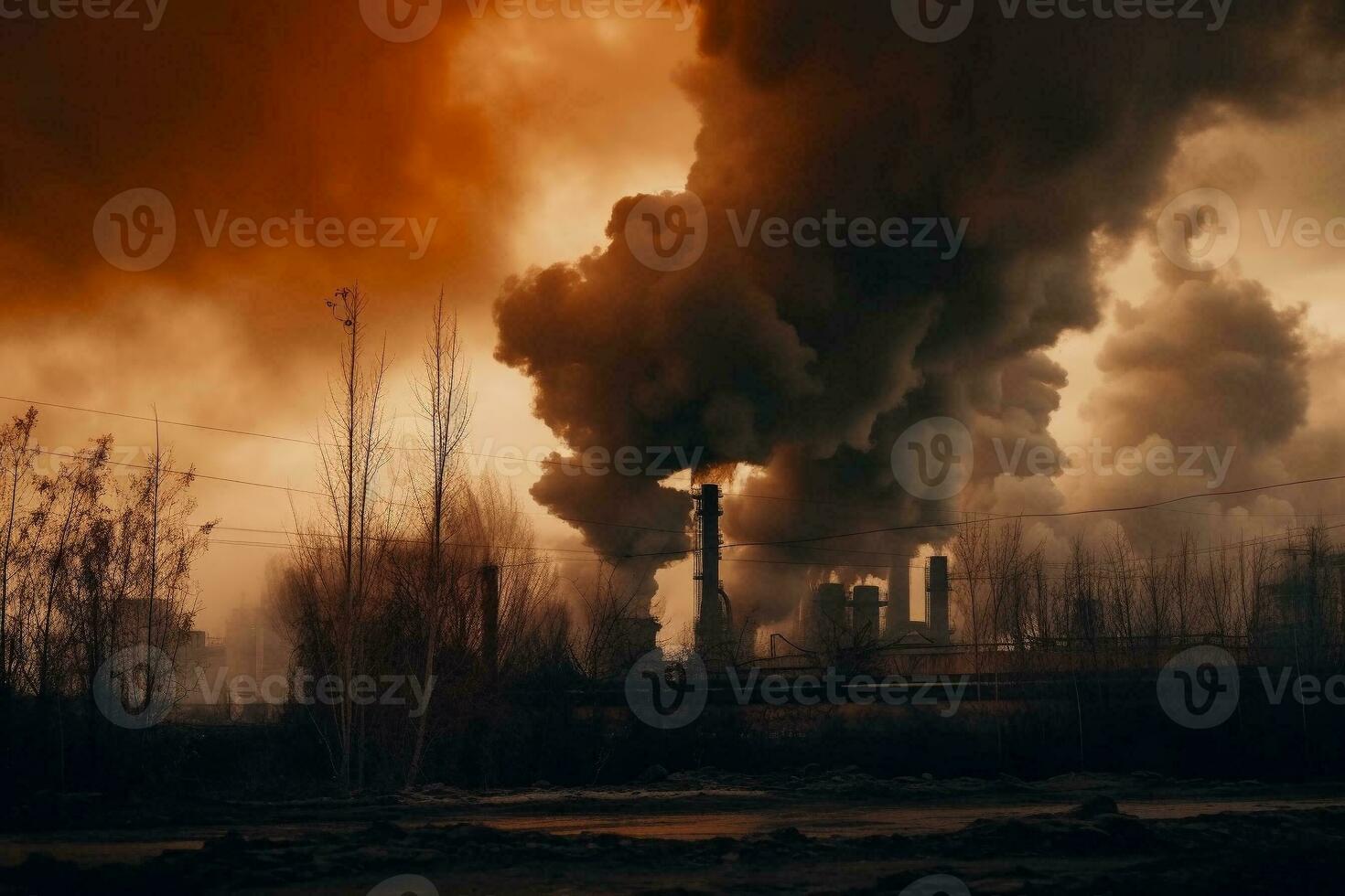Chimney and black smoke above chemical industry at sunset. AI Generative. photo