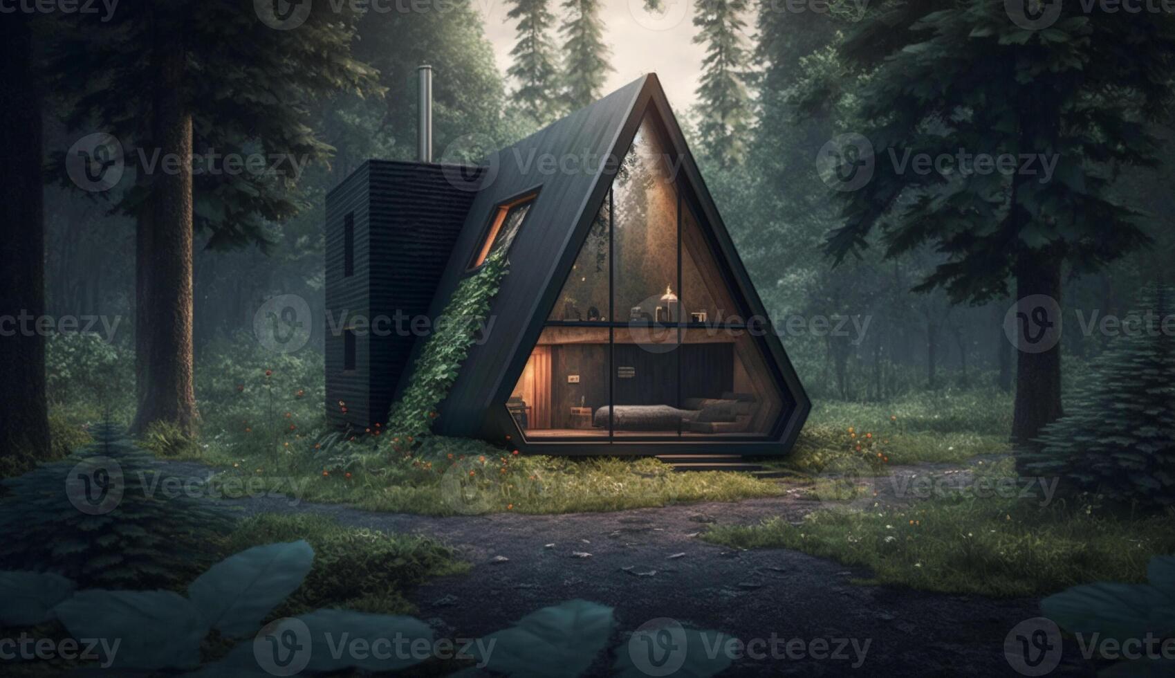 A shape room and small home in forest, AI Generative. photo